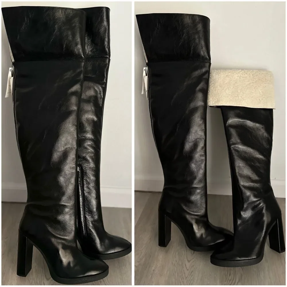 Zara OVER-THE-KNEE LEATHER BOOTS WITH FAUX SHEARLING LINING